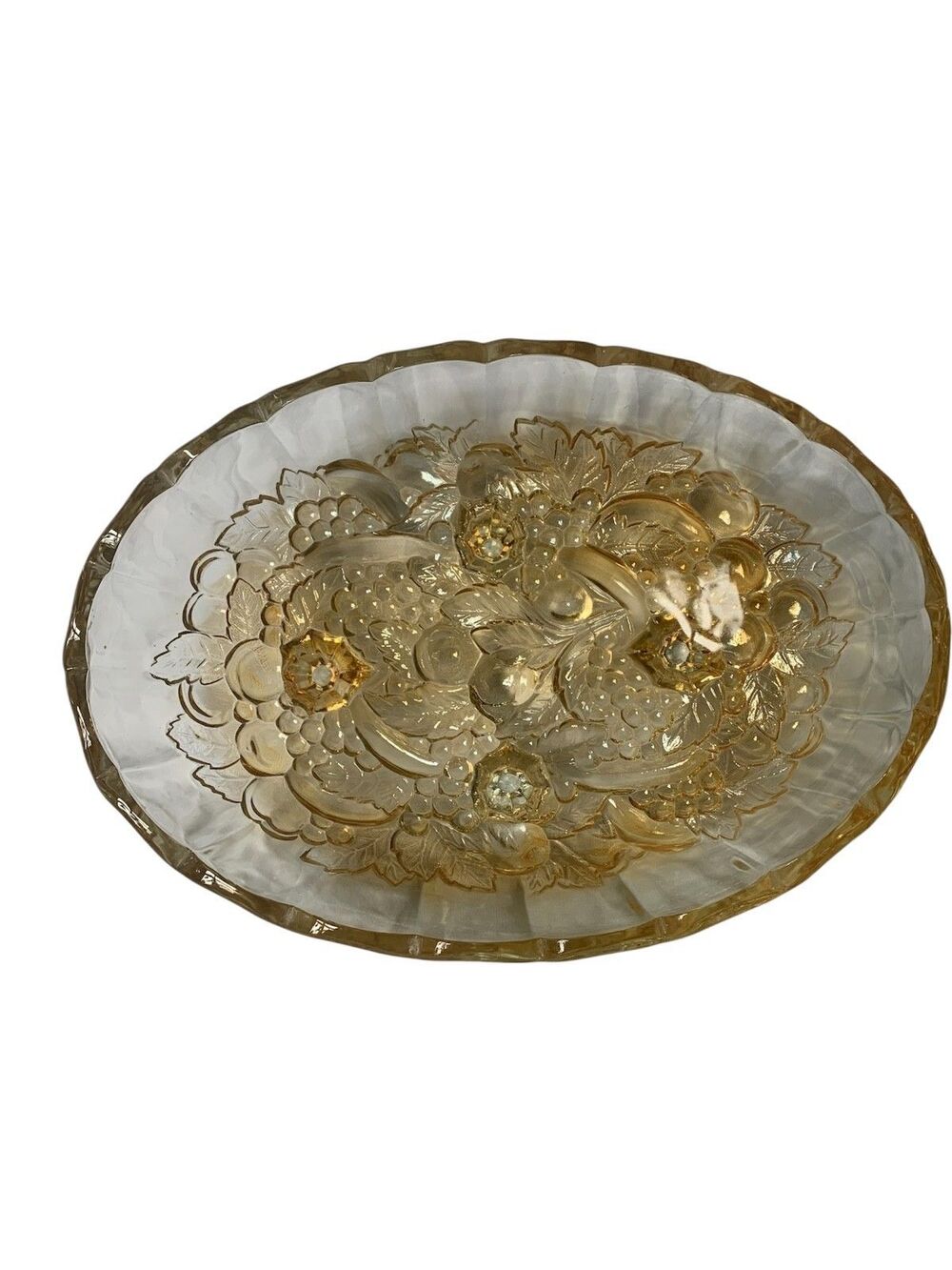 VTG RETRO MCM Large Footed Fruit Bowl Indiana Glass yellow Harvest DECOR ART